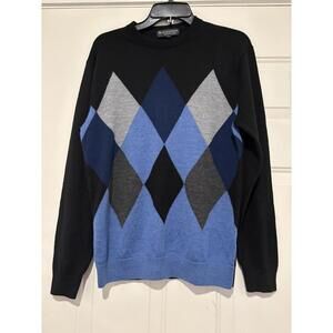 Men's Hart Shaffner Marx black argyle V neck sweater merlino wool blend #1246